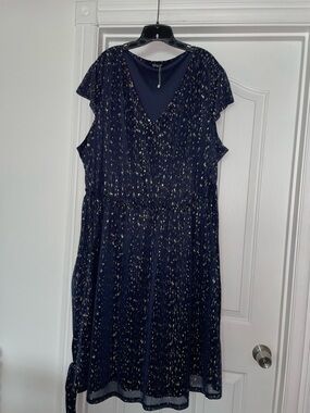 Bloomchic Metallic Gold Ruffle Sleeves Pockets Navy Dress Sz 28/5X NWOT